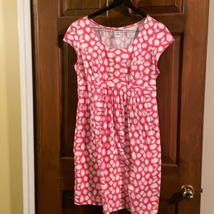 Motherhood Maternity Dress pink coral w white paint stroke dots size L, elastic